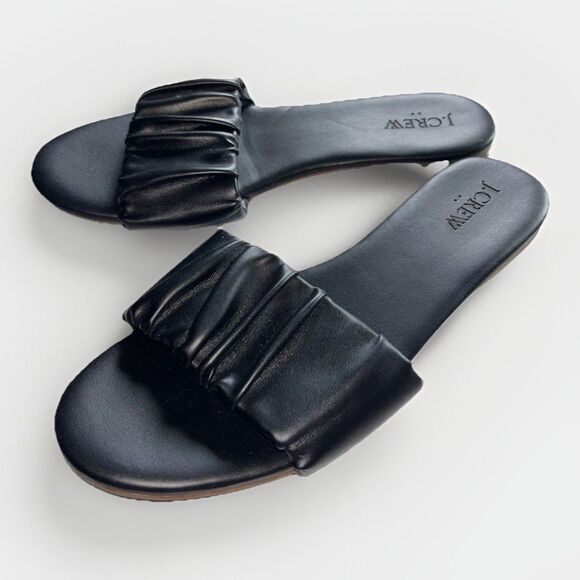 J. Crew Menorca Sandals‎ Women's Scrunchie Strap Slide Black Leather Size 9 - Picture 1 of 7
